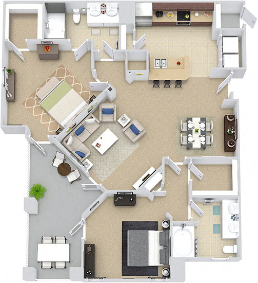 Floor plan for 2 beds, 2 baths, 1205 sqft